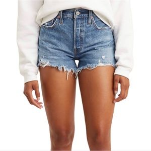 Levis 501 High Rise Medium Wash Denim Jeans Distressed Shorts Blue 25